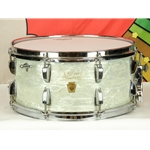 Vintage 60's Ludwig 6.5" School Festival 16 Lug Keystone Badge Snare Drum, WMP, White Marine Pearl ISS26662