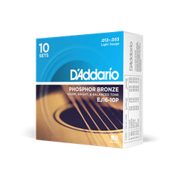 D'addario 12-53 Light, Phosphor Bronze Acoustic Guitar Strings 10-Pack EJ16-10P
