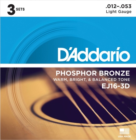 D'addario 3-Pack Acoustic Guitar Strings Phosphor Bronze, Light EJ16-3D