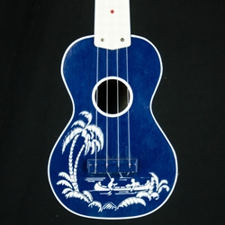 Vintage Harmony Stencil Ukulele - Blue with White Canoe Palm Tree Stencil Hawaiian UHBLUEUKE