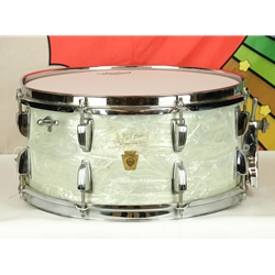 Vintage 60's Ludwig 6.5" School Festival 16 Lug Keystone Badge Snare Drum, WMP, White Marine Pearl ISS26662
